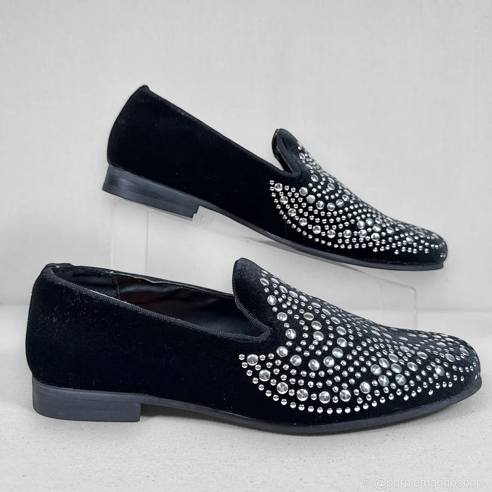 NEW‎ Tallia Raffaele Velvet Studded Smoking Slipper Loafers | Black | Men's 8
